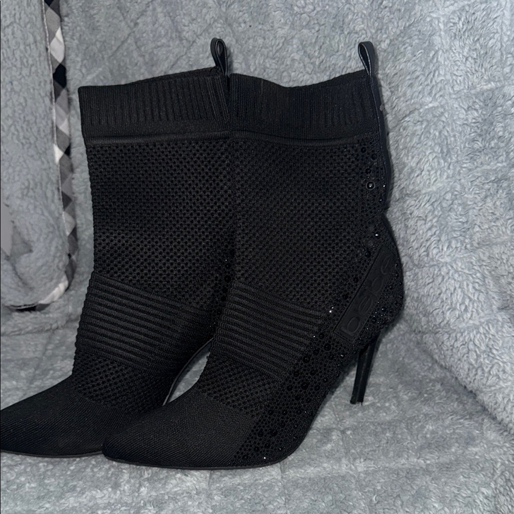 bebe Elegant Black Knit Heeled Boots